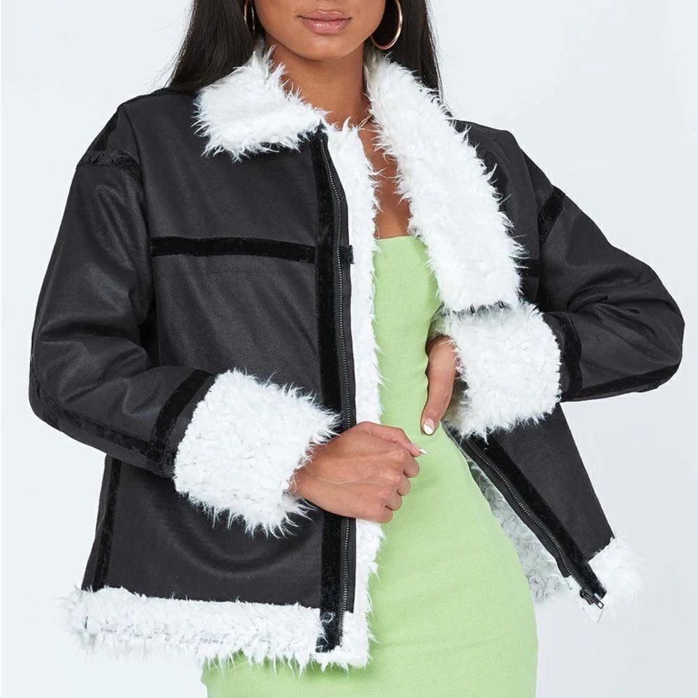 Princess Polly‎ Mariana Jacket Small Medium Black PU Faux Fur Lined Moto Biker